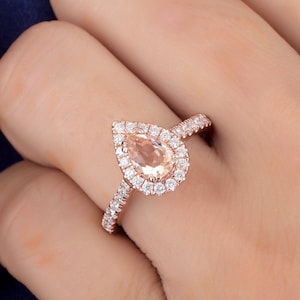 Natural Pear Shape Morganite Engagement Ring In 14k Rose Gold | Morganite & Diamond Halo Wedding Ring | Anniversary Ring | Promise Ring