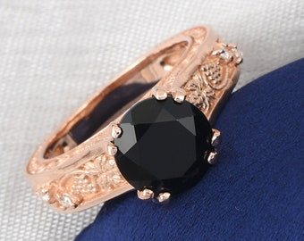 Gorgeous Natural Round Cut Black Onyx Engagement Ring In 14K Solid Rose Gold,Solitaire Black Onyx & Diamond Ring,Anniversary Gifts For Wife