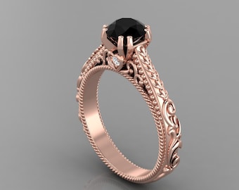 Vintage Black Onyx Engagement Ring In 14K Solid Rose Gold | Black Onyx & Diamond Ring | Anniversary Ring | Promise Ring | Wedding Ring