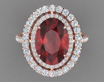 4.8Ct Natural Oval Garnet Engagement Ring In 14K Solid Rose Gold,Gorgeous Garnet & Diamond Double Halo Ring,Anniversary Gifts For Wife