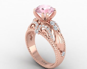 Lab Grown Pink Morganite Engagement Ring In 14K Solid Rose Gold | Round Shape Unique Pink Morganite Ring | Pink Morganite & Diamond Ring