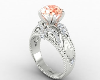 Natural Round Shape Morganite Engagement Ring 14K Solid White Gold | Solitaire Morganite & Diamond Women's Ring | Vintage Morganite Ring