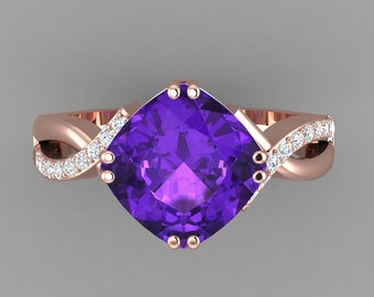 Infinity Shank Amethyst Engagement Ring In 14K Rose Gold | Natural Cushion Cut Amethyst & Diamond Ring | February Birthstone | Promise Ring