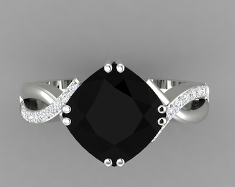 Natural Cushion Cut Black Onyx Engagement Ring In 14K Solid White Gold,Infinity Shank Black Onyx & Diamond Ring,Anniversary Gift For Wife