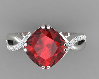4.3Ct Natural Red Garnet Engagement Ring In 14K  White Gold | Infinity Shank Red Garnet & Diamond Ring | January Birthstone | Promise Ring