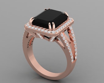 Split Shank Black Onyx Engagement Ring In 14K Solid Rose Gold | Emerald Shape Black Onyx & Diamond Wedding Ring | Anniversary Gifts For Her