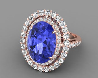 5.6Ct Natural Oval Shape Tanzanite Engagement Ring In 14K Solid Rose Gold | AAAA Tanzanite & Diamond Double Halo Ring,December Birthstone