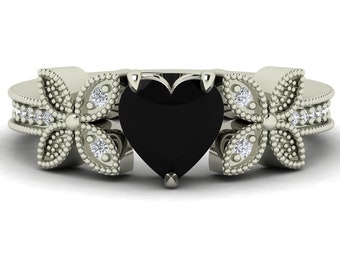 Natural Black Onyx Heart Shape Engagement Ring In 14K Solid White Gold | Black Onyx & Diamond Ring | Butterfly Ring | Anniversary Ring