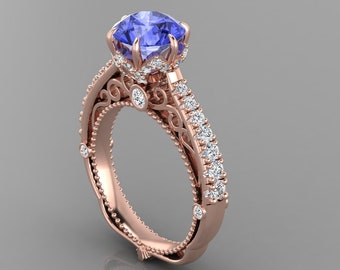 AAAA Natural Tanzanite Engagement Ring In 14K Solid Rose Gold | Vintage Tanzanite & Diamond Wedding Ring | Anniversary Ring | Promise Ring