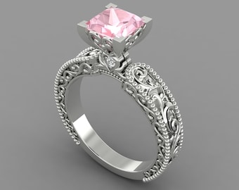 2Ct Vintage Pink Morganite Engagement Ring In 14K Solid White Gold | Morganite & Diamond Wedding Ring | Pink Morganite Anniversary Ring