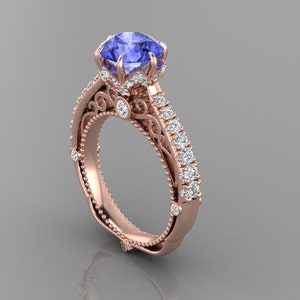 AAAA Natural Tanzanite Engagement Ring In 14K Solid Rose Gold | Vintage Tanzanite & Diamond Wedding Ring | Anniversary Ring | Promise Ring