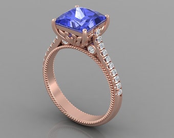 2.5Ct Natural Squire Shape Tanzanite Engagement Ring In 14K Solid Rose Gold,Unique Tanzanite & Diamond Women's Ring,December Birthstone