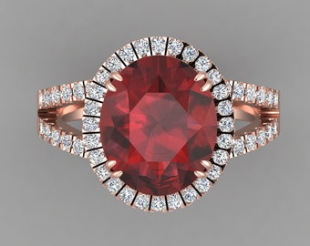 Natural Oval Shape Red Garnet Engagement Ring In 14K Solid Rose Gold | Split Shank Red Garnet & Diamond Wedding Ring | January Birthstone