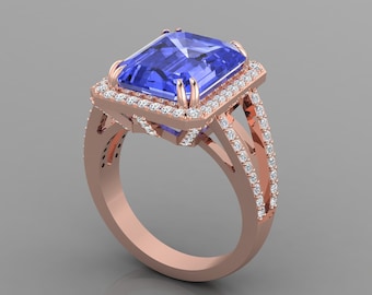4.9Ct Natural Tanzanite Engagement Ring In 14K Solid Rose Gold | Split Shank AAAA Tanzanite & Diamond Wedding Ring | Anniversary Ring