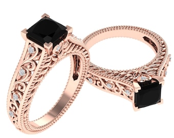 Gorgeous Natural Squire Cut Black Onyx Engagement Ring In 14K Solid Rose Gold,Vintage Black Onyx & Diamond Ring,Anniversary Gifts For Wife