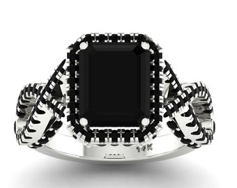 Gorgeous Natural Emerald Cut Black Onyx Engagement Ring In 925 Sterling Silver,Infinity Shank Black Onyx Wedding Ring,Perfect Gift For Her