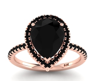 3.35Ct Natural Pear Shaped Black Onyx Engagement Ring In 925 Sterling Silver | Black Onyx Halo Ring | Onyx Wedding Ring | Anniversary Ring