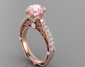 Lab Grown Pink Morganite Engagement Ring In 14K Rose Gold | Round Shape Pink Morganite & Diamond Ring | Anniversary Ring | Promise Ring