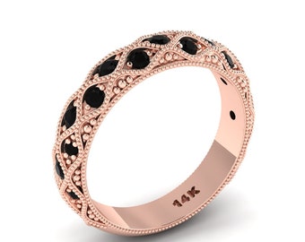 Vintage Black Onyx Wedding Band In 14K Solid Rose Gold | Black Onyx Engagement Bands | Black Onyx Anniversary Bands | Unique Onyx Band |