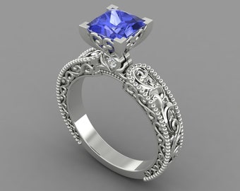 Vintage Natural Tanzanite Engagement Ring In 14K White Gold,Unique Tanzanite & Diamond Women's Rings,Perfect December Birthstone Jewelry
