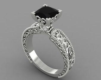 Natural Princess Shape Black Onyx Engagement Ring In 925 Sterling Silver | Vintage Black Onyx &  Diamond Wedding Ring | Gifts For Wife