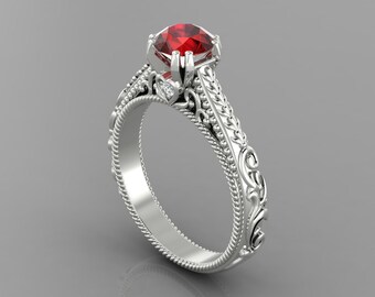 Gorgeous Natural Round Cut Red Garnet Engagement Ring In 14K Solid White Gold,Unique Garnet & Diamond Ring,Perfect January Birthstone