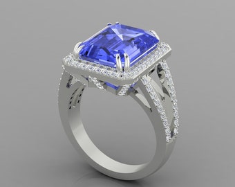 4.9Ct Natural Tanzanite Engagement Ring In 14K White Gold | Split Shank AAAA Tanzanite & Diamond Halo Wedding Ring | December Birthstone