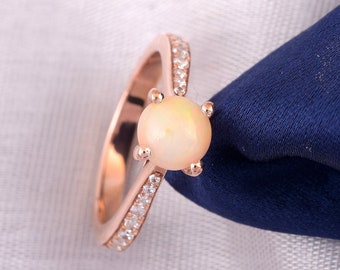 Natural Round Shape Opal Engagement Ring In 14K Solid Rose Gold | Unique Opal & Diamond Wedding Ring | Opal Anniversary Ring | Gift For Wife