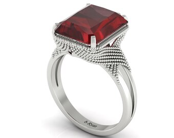 Vintage Natural Emerald Shape Red Garnet Engagement Ring In 14K Solid White Gold | Solitaire Red Garnet  Wedding Ring | Anniversary Gifts