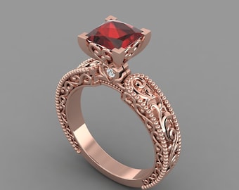 Vintage Red Garnet Engagement Ring In 14K Solid Rose Gold | Natural Garnet & Diamond Wedding Ring | Unique Garnet Ring | January Birthstone