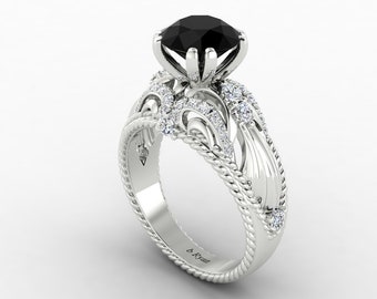 Vintage Black Onyx Engagement Ring In 14K Solid White Gold | Gorgeous Black Onyx & Diamond Wedding Ring | Black Onyx Anniversary Ring