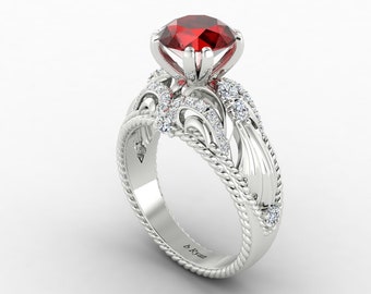 Natural Round Shape Red Garnet Engagement Ring In 14K Solid White Gold | Red Garnet & Diamond Wedding Ring | Anniversary Ring | Promise Ring