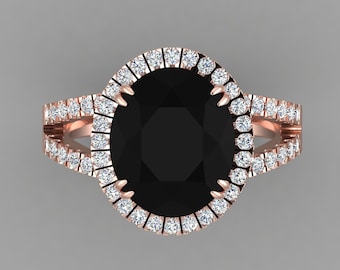 Split Shank Natural Black Onyx Engagement Ring In 14K Rose Gold | Oval Shape Black Onyx & Diamond Halo Ring | Promise Ring | Wedding Ring