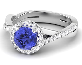 1.5Ct Natural Round Cut Tanzanite Engagement Ring In 14K Solid White Gold,Split Shank Tanzanite & Diamond Women's Ring,December Birthstone