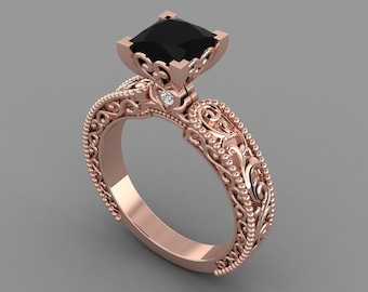 Vintage Natural Black Onyx Engagement Ring In 14K Solid Rose Gold | Unique Black Onyx & Diamond Ring | Wedding Ring | Anniversary Ring |