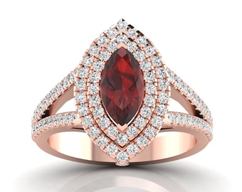 Natural Marquise Cut Red Garnet Engagement Ring In 14K Solid Rose Gold,Split Shank Garnet & Diamond Wedding Ring,January Birthstone Jewelry