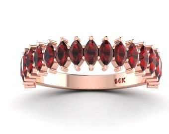 Natural Red Garnet Wedding Band In 14K Solid Rose Gold | Unique Marquise Shape Garnet Band Ring | Red Garnet Anniversary Ring Bands
