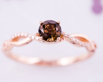 Natural Smokey Quartz Engagement Ring In 14K Solid Rose Gold | Smokey Quartz & Diamond Ring | Anniversary Ring | Promise Ring | Wedding Ring