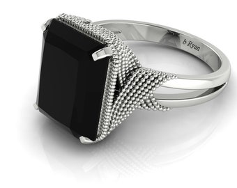Vintage Natural Black Onyx Engagement Ring In 14K Solid White Gold | Unique Black Onyx Women's Ring | Black Onyx Anniversary Ring
