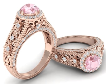 Lab Grown Pink Morganite Engagement Ring In 14K Solid Rose Gold | Vintage Pink Morganite & Diamond Ring | Anniversary Ring | Promise Rings
