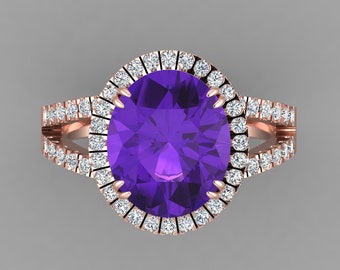 Split Shank Amethyst Engagement Ring In 14K Solid Rose Gold | Natural Oval Shape Amethyst & Diamond  Anniversary Ring | February Birthstone