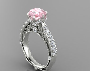 Lab Grown Pink Morganite Engagement Ring In 14K White Gold | Vintage Morganite & Diamond Wedding Ring | Anniversary Ring | Promise Rings