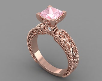 Vintage Pink Morganite Engagement Ring In 14K Solid Rose Gold | Square Shape Morganite & Diamonds Wedding Ring | Morganite Anniversary Ring