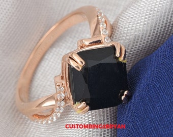 Natural Cushion Shape Black Onyx Engagement Ring In 14K Solid Rose Gold,Infinity Shank Black Onyx & Diamond Wedding Ring | Black Onyx Ring