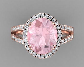 Split Shank Pink Morganite Engagement Ring In 14K Solid Rose Gold | Oval Morganite & Diamond Halo Ring | Wedding Rings | Anniversary Rings