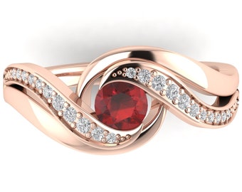 Natural Red Garnet Engagement Ring In 14K Solid Rose Gold | Red Garnet & Diamond Wedding Ring | Garnet Anniversary Ring | January Birthstone