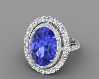 Gorgeous 5.6Ct Natural Oval Shape Tanzanite Engagement Ring In 14K Solid White Gold, Tanzanite & Double Halo Diamond Ring, Anniversary Gift