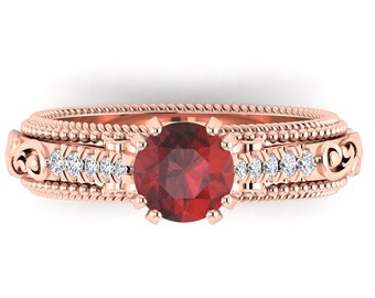 Vintage Red Garnet Engagement Ring In 14K Rose Gold | Red Garnet & Diamond Wedding Rings | Anniversary Garnet Ring | Promise Ring