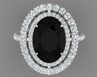 Natural Oval Cut Black Onyx Engagement Ring In 14K Solid White Gold,Black Onyx & Diamond Double Halo Ring,Perfect Anniversary Gift For Wife