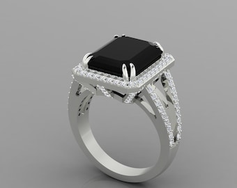 Natural Black Onyx Engagement Ring In 14K Solid White Gold | Emerald Shape Black Onyx & Diamond Halo Ring | Anniversary Ring | Promise Ring